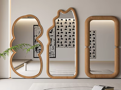 Decorative Wooden Framed Mirrors With Various Shapes For Interior Wall Decor And Plant Accent 3d model