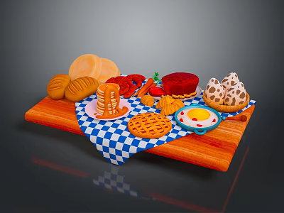 Assorted Morning Foods on Wooden Tray With Bread Pancakes Fruits Jam and Checkered Cloth 3d model