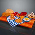 Assorted Morning Foods on Wooden Tray With Bread Pancakes Fruits Jam and Checkered Cloth