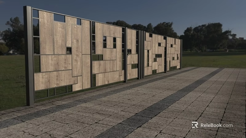 Modern Building Exterior Wall with Wooden Panels Metal Frames and Various Sized Rectangular Openings 3d model 