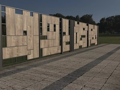 Modern Building Exterior Wall with Wooden Panels Metal Frames and Various Sized Rectangular Openings 3d model