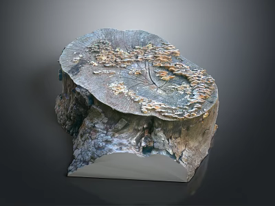 Unique Stump Shaped Wood Stone With Textured Surface And Mushroom Patterns As Decorative Tabletop Piece 3d model