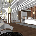 Modern Cafe Interior With Wooden Flooring Round Pendant Lights And Marble Tables