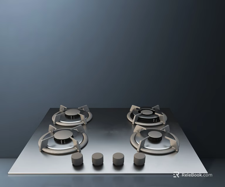 Stainless Steel Gas Stove With Four Burners And Control Knobs For Kitchen 3d model 