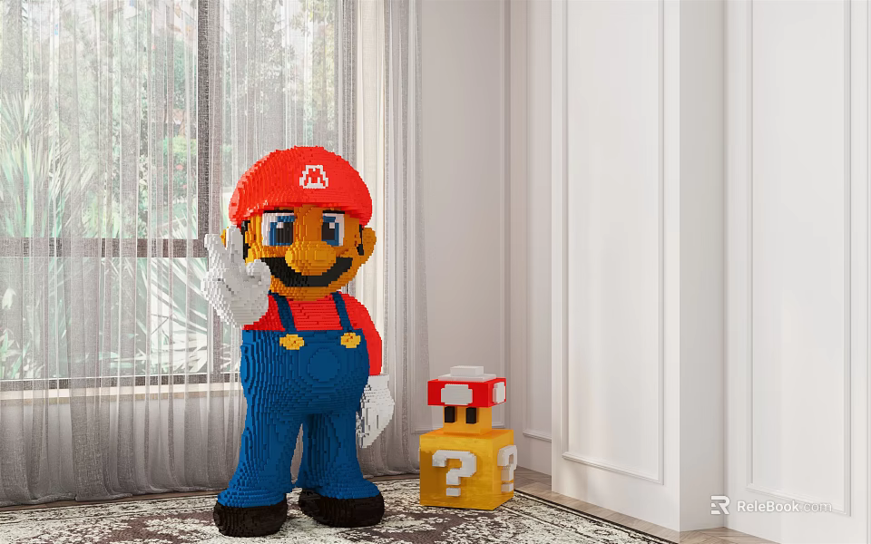 Large Building Blocks Mario Character Figure With Yellow Question Mark Box 3d model