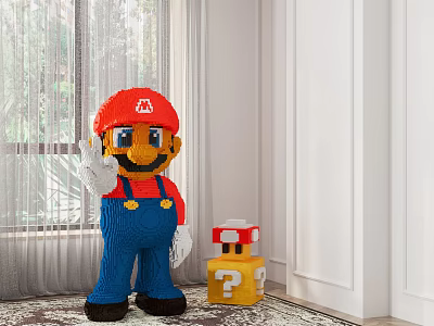 Large Building Blocks Mario Character Figure With Yellow Question Mark Box 3d model