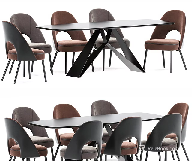 Modern Dining Table Set With Brown Gray Upholstered Chairs And Unique Leg Design 3d model