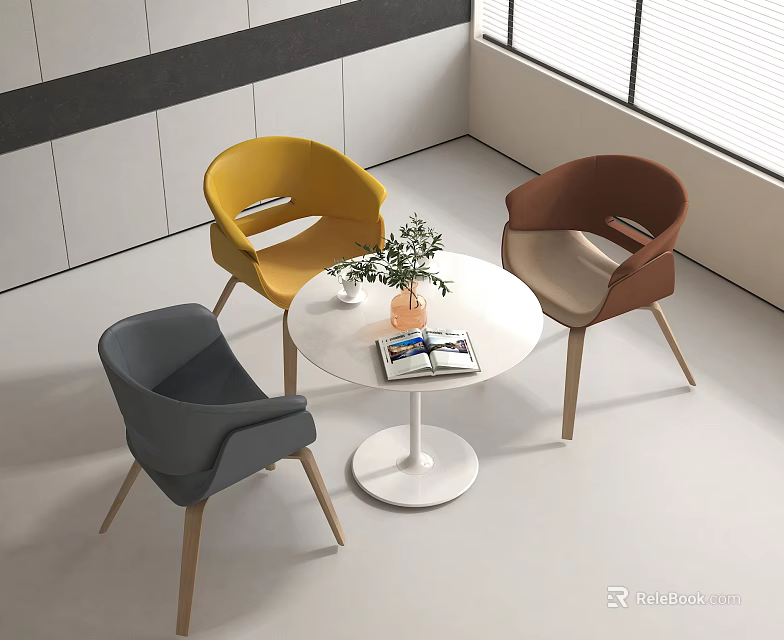 Modern Round White Table with Colorful Chairs Set in Living Room with Plant and Magazine 3d model 