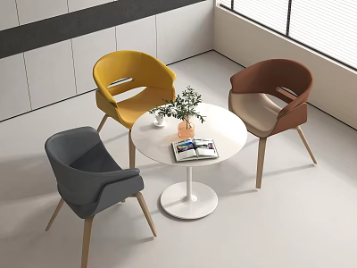 Modern Round White Table with Colorful Chairs Set in Living Room with Plant and Magazine 3d model