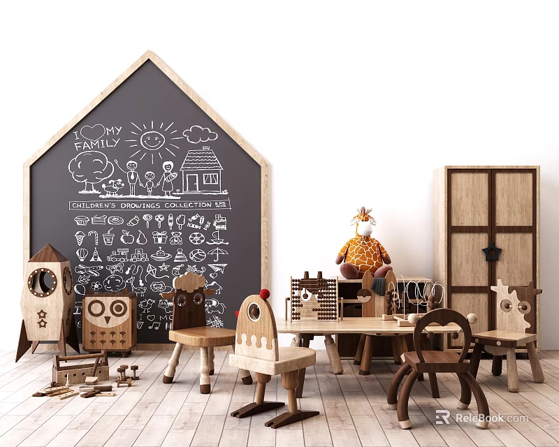 Kids Wooden Study Table With Owl Chairs And Chalkboard Wall Play Area 3d model 