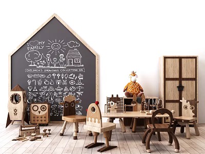 Kids Wooden Study Table With Owl Chairs And Chalkboard Wall Play Area 3d model