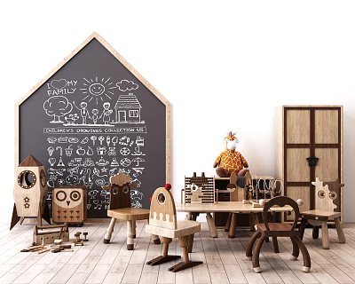 Kids Wooden Study Table With Owl Chairs And Chalkboard Wall Play Area 3d model