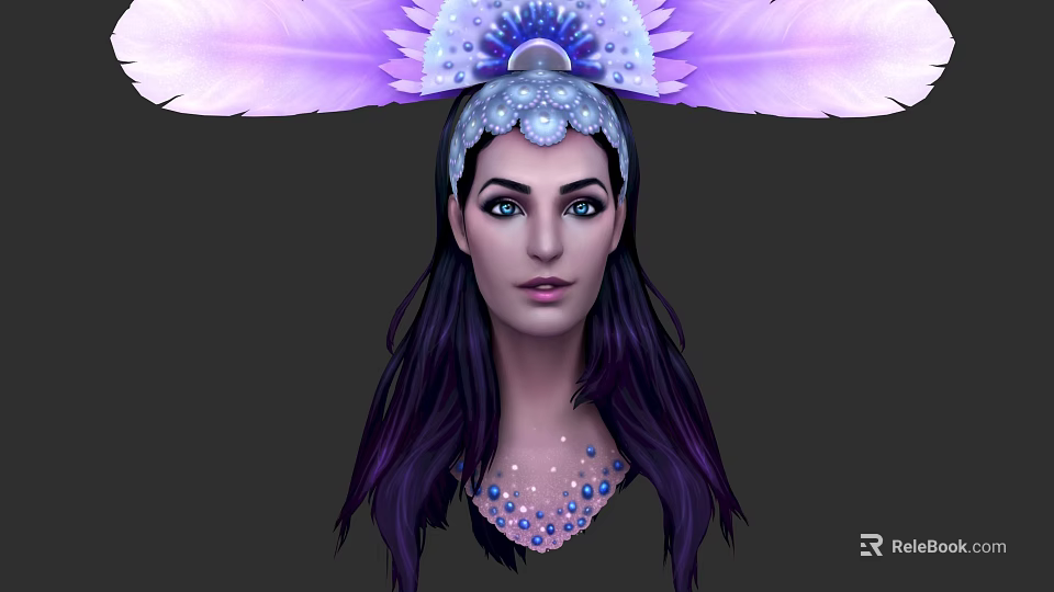 Woman With Purple Feather Headdress Blue Eyes Long Dark Hair And Beaded Necklace 3d model 