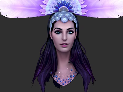 Woman With Purple Feather Headdress Blue Eyes Long Dark Hair And Beaded Necklace 3d model