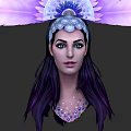 Woman With Purple Feather Headdress Blue Eyes Long Dark Hair And Beaded Necklace