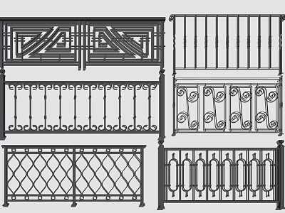 Various Decorative Railings With Geometric Patterns Curved Ornaments And Vertical Bars 3d model