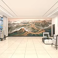 Hotel Lobby Interior With Mountain Landscape Background Reception Desk Sofa Seating And Windows