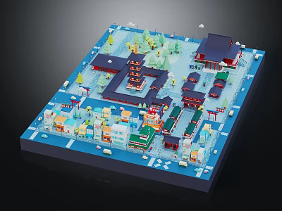 Cartoon Miniature Scene With Traditional Style Tower Houses Trees Roads And Vehicles 3d model