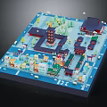 Cartoon Miniature Scene With Traditional Style Tower Houses Trees Roads And Vehicles