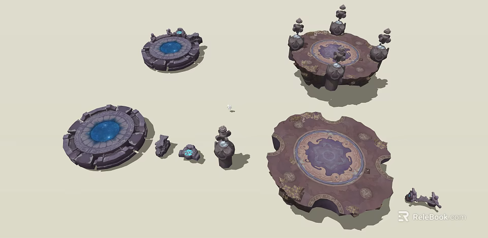 3D Game Scene Elements Featuring Circular Stone Platforms With Carved Patterns And Blue Centers 3d model