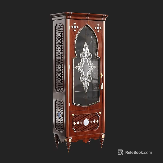 Vintage Wooden Display Cabinet With Glass Door And Ornate Carved Patterns 3d model 