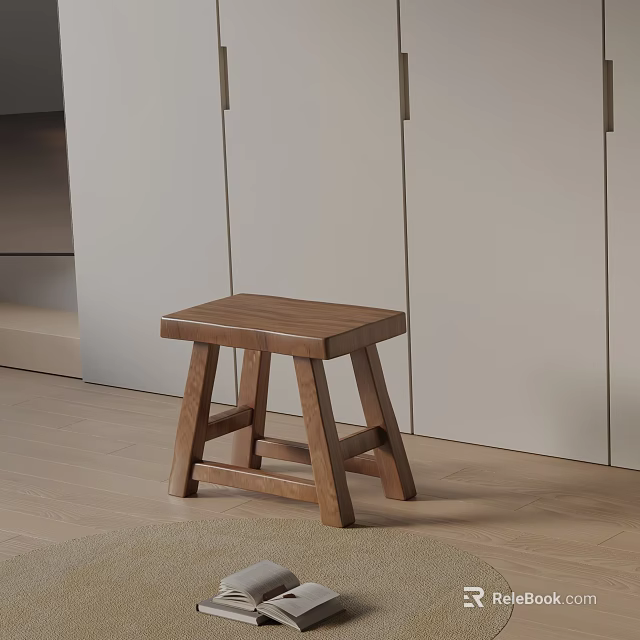 Natural Wooden Bedside Table Placed On Light Colored Floor With White Cabinets 3d model 
