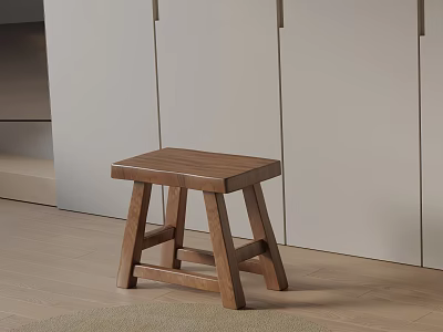 Natural Wooden Bedside Table Placed On Light Colored Floor With White Cabinets 3d model