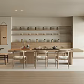 Modern Tea Room Interior Design With Wooden Table Chairs And Tea Sets On Shelves