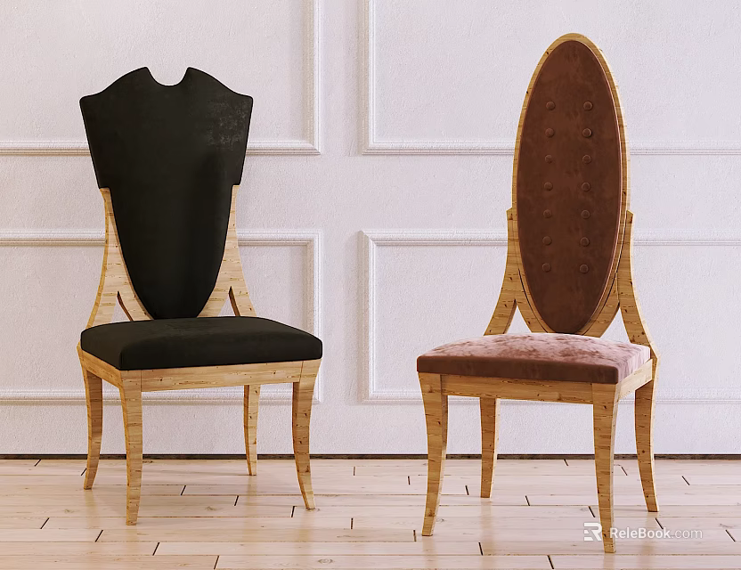 Stylish Dining Chairs With Wooden Frame Black Pink Upholstered Seats And Unique Backrest Design 3d model 