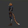 Anthropomorphic Cat Character In Blue Combat Outfit With Orange Fur Arms Outstretched
