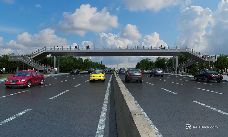 Pedestrian Bridge Over Wide Highway With Pedestrians Vehicles Trees Blue Sky And White Clouds 3d model 