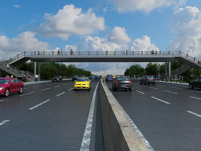 Pedestrian Bridge Over Wide Highway With Pedestrians Vehicles Trees Blue Sky And White Clouds 3d model