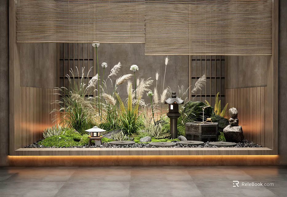 Traditional Japanese Garden With Bamboo Blinds Stone Lantern Moss And Water Feature 3d model 