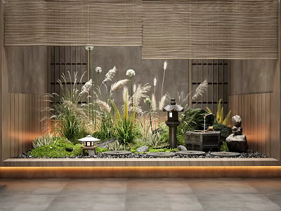 Traditional Japanese Garden With Bamboo Blinds Stone Lantern Moss And Water Feature 3d model