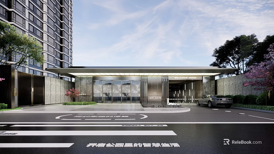 Modern Entrance Gate with Glass Facade and Elegant Lighting Design in Contemporary Building Complex 3d model 