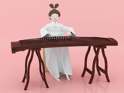 Game Movie Character In Ancient Costume Playing Guzheng With Double Bun Hairstyle And Pink Background 3d model