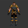 Human Warrior Game Character In Black And Yellow Armor With Muscular Build