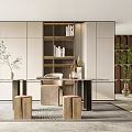 Modern Study Desk and Chair Combination Bookcase End View Table Chandelier Wall Decoration Carpet Curtain 3d model