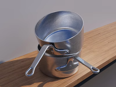 Silver Stacked Cooking Pots with Metal Handles on Wooden Countertop 3d model
