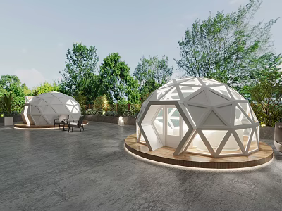 Birds Eye View Aerial Planning of Modern Dome Structures in Outdoor Landscape With Trees 3d model