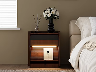 Wooden Nightstand With LED Light Vase White Flowers Aromatherapy Sticks And Magazine By Bed 3d model