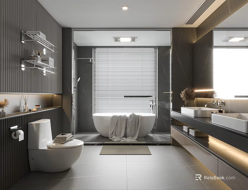 Modern Bathroom Interior Design With White Bathtub Double Vanities Wall Shelves Roller Blinds And Lighting 3d model 
