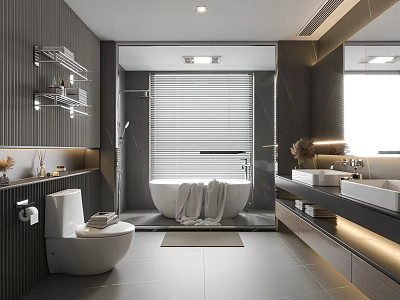 Modern Bathroom Interior Design With White Bathtub Double Vanities Wall Shelves Roller Blinds And Lighting 3d model