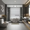 Modern Bathroom Interior Design With White Bathtub Double Vanities Wall Shelves Roller Blinds And Lighting