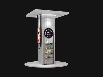 Modern Display Column with White Tiles Circular Screen and Skincare Product Shelves 3d model