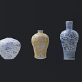 Three Ceramic Vessels With Blue White And Yellow Decorative Patterns In Different Shapes 3d model