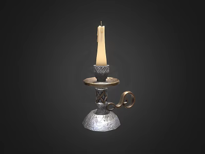 Decorative Metal Candle Holder With Lit Candle And Ornate Base Design 3d model