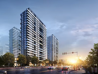 Modern High Rise Residential Buildings In Urban Area With Street Trees And Sunset Light 3d model