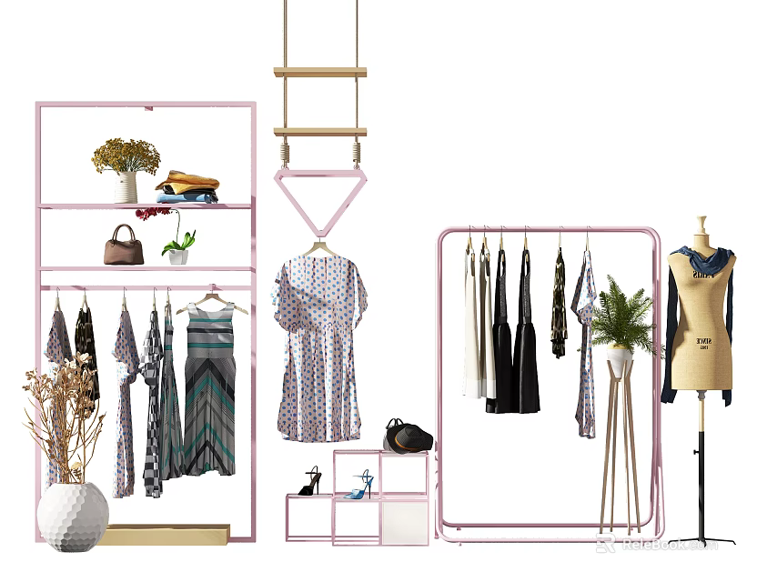Stylish Pink Clothes Racks With Hanging Clothes And Decorative Accessories 3d model