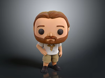 Cartoon Figurine Brown Hair Beard White T-Shirt Logo Khaki Shorts Black Shoes Hand on Hip 3d model